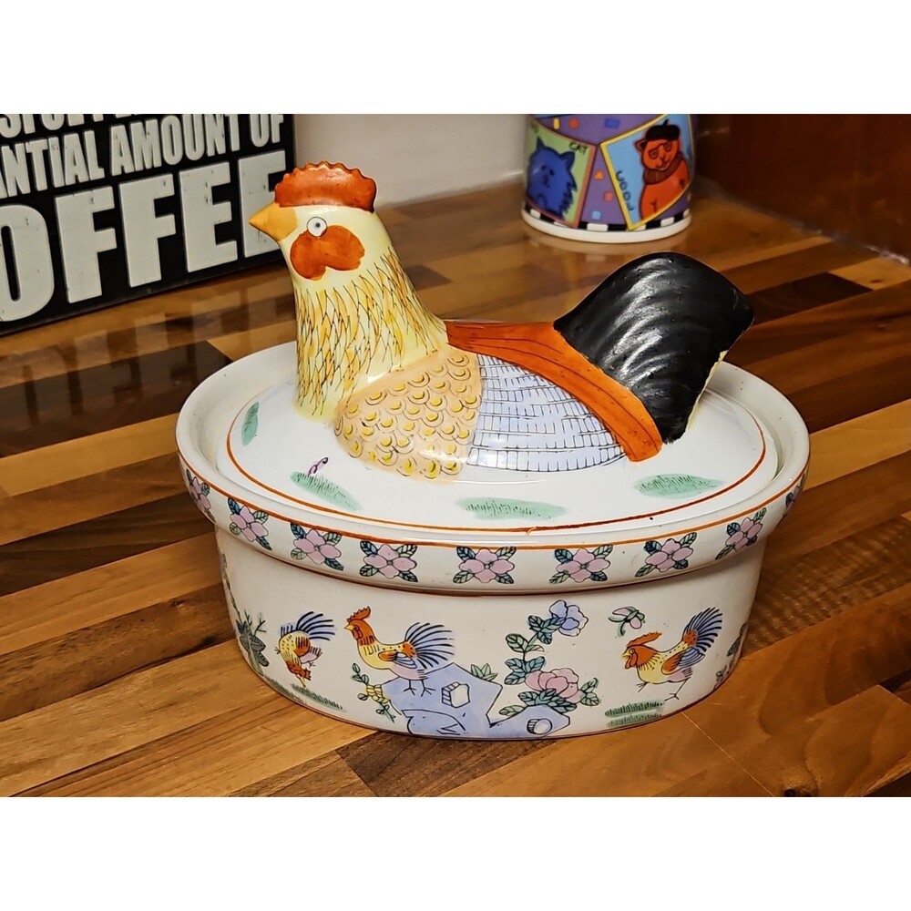 Vintage Chinese Famille Rose  Rooster Ceramic Tureen with Lid